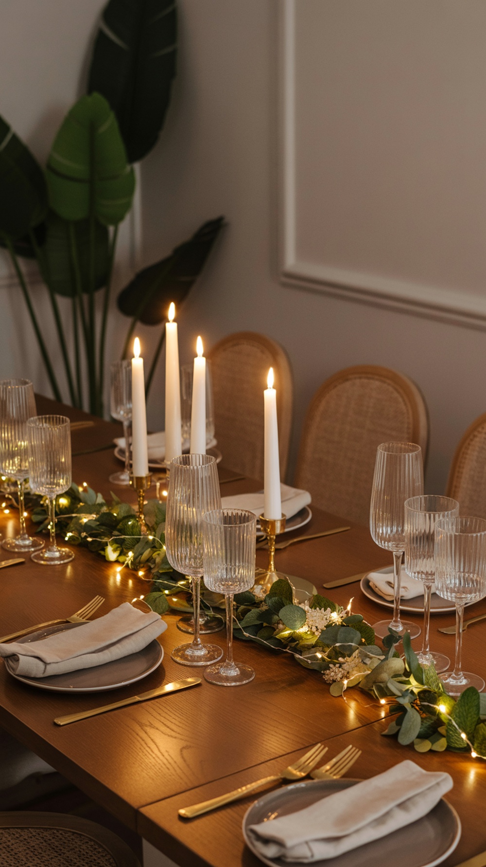 A beautifully set dining table with fairy lights, candles, and greenery.