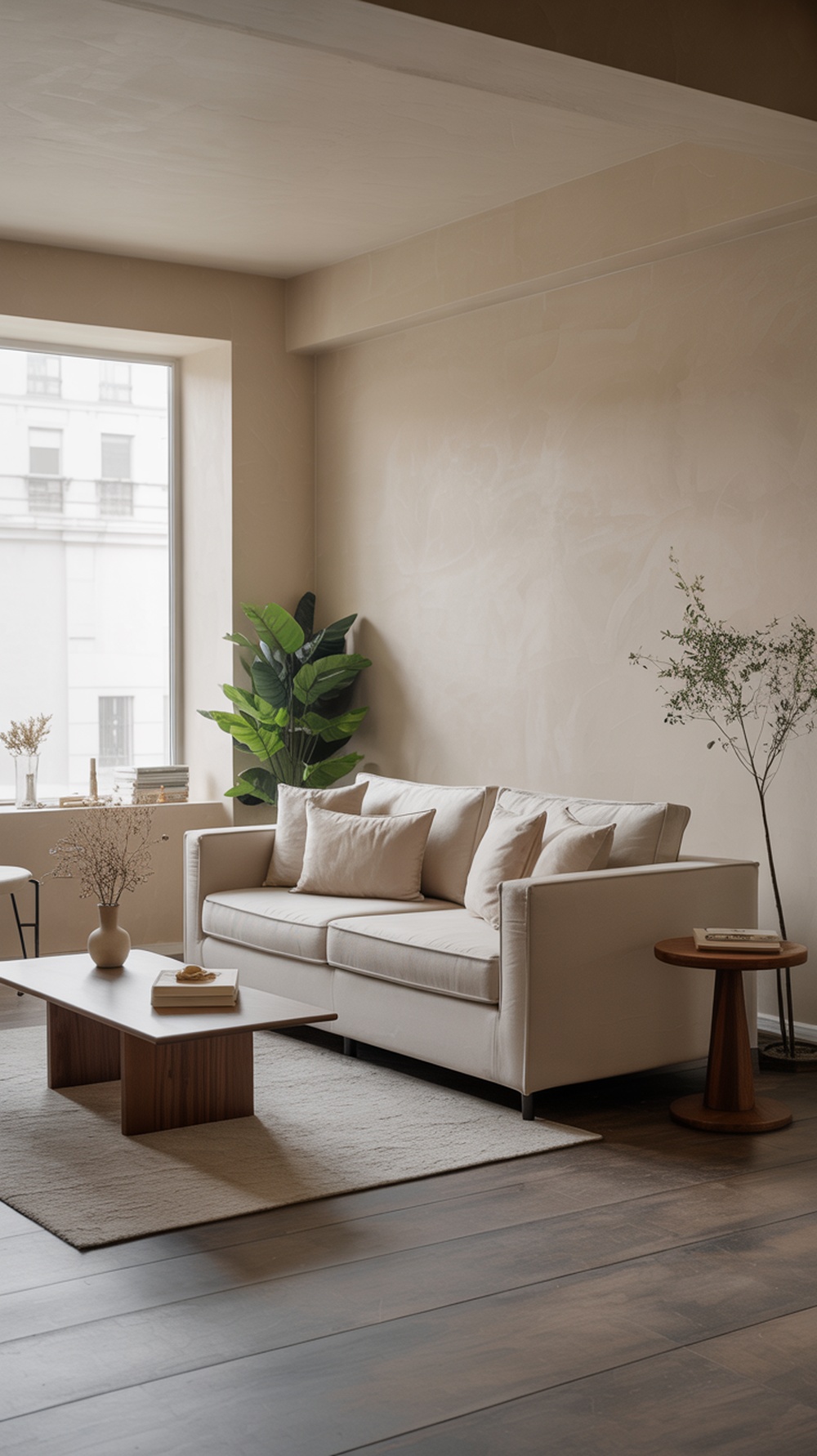A minimalist modern living room featuring a light-colored sofa, a wooden coffee table, and green plants, with ample negative space.