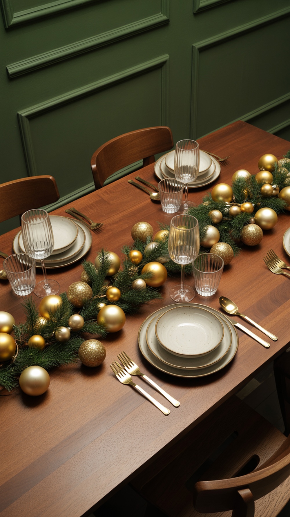 A beautifully set dining table decorated with gold ornaments and greenery.