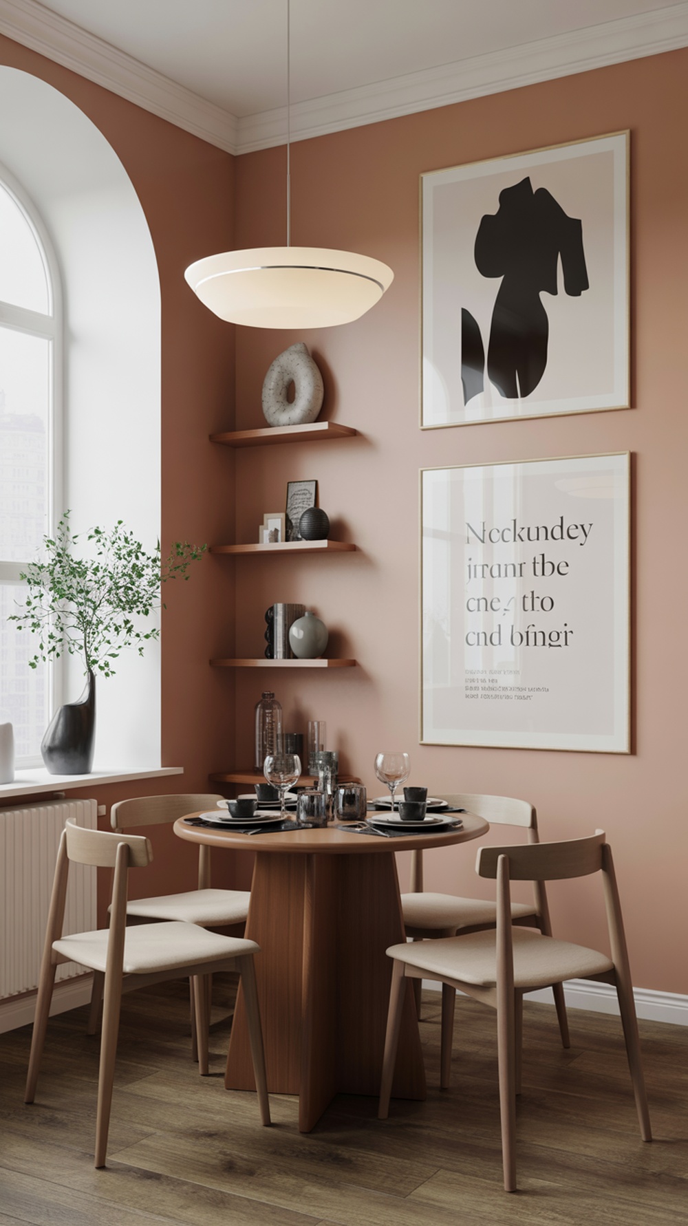A small dining room featuring a round wooden table, modern chairs, and creative wall decor including artwork and floating shelves.