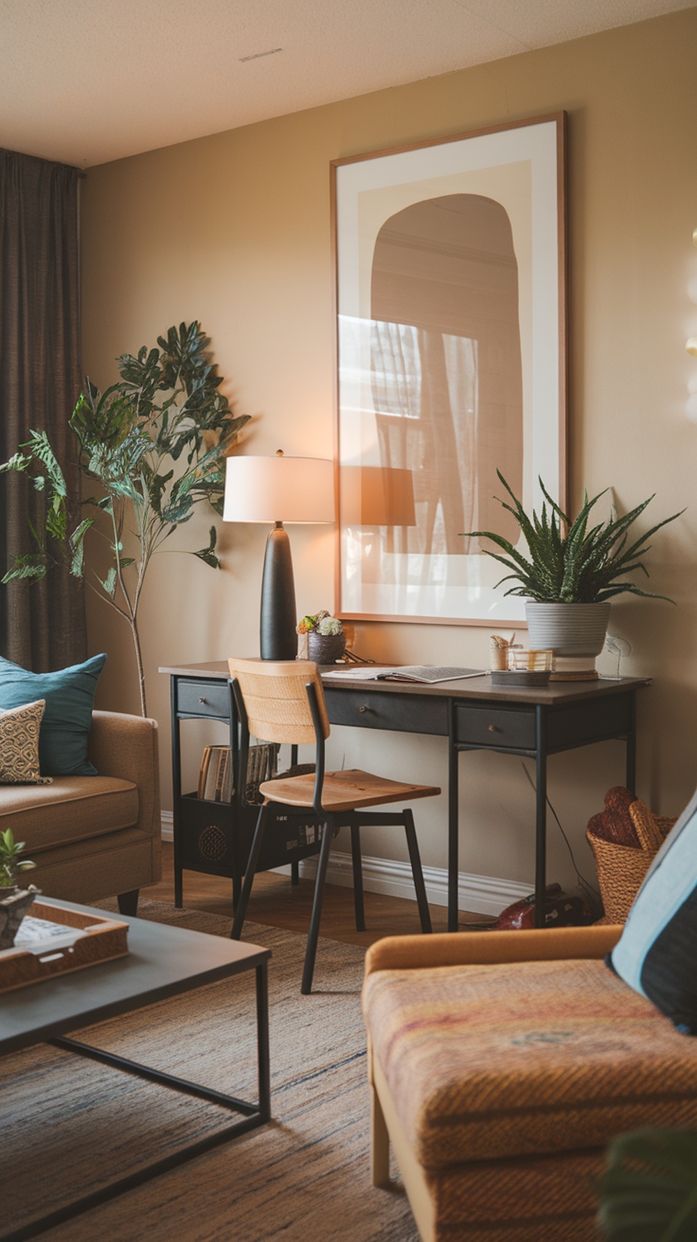 A cozy living room workspace with a desk, chair, lamp, and plants.