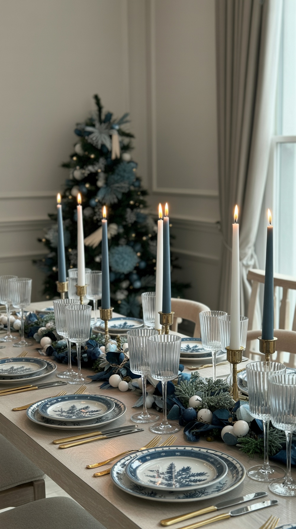 A beautifully set table with blue and white decor, featuring candles, plates with winter designs, and a festive centerpiece.