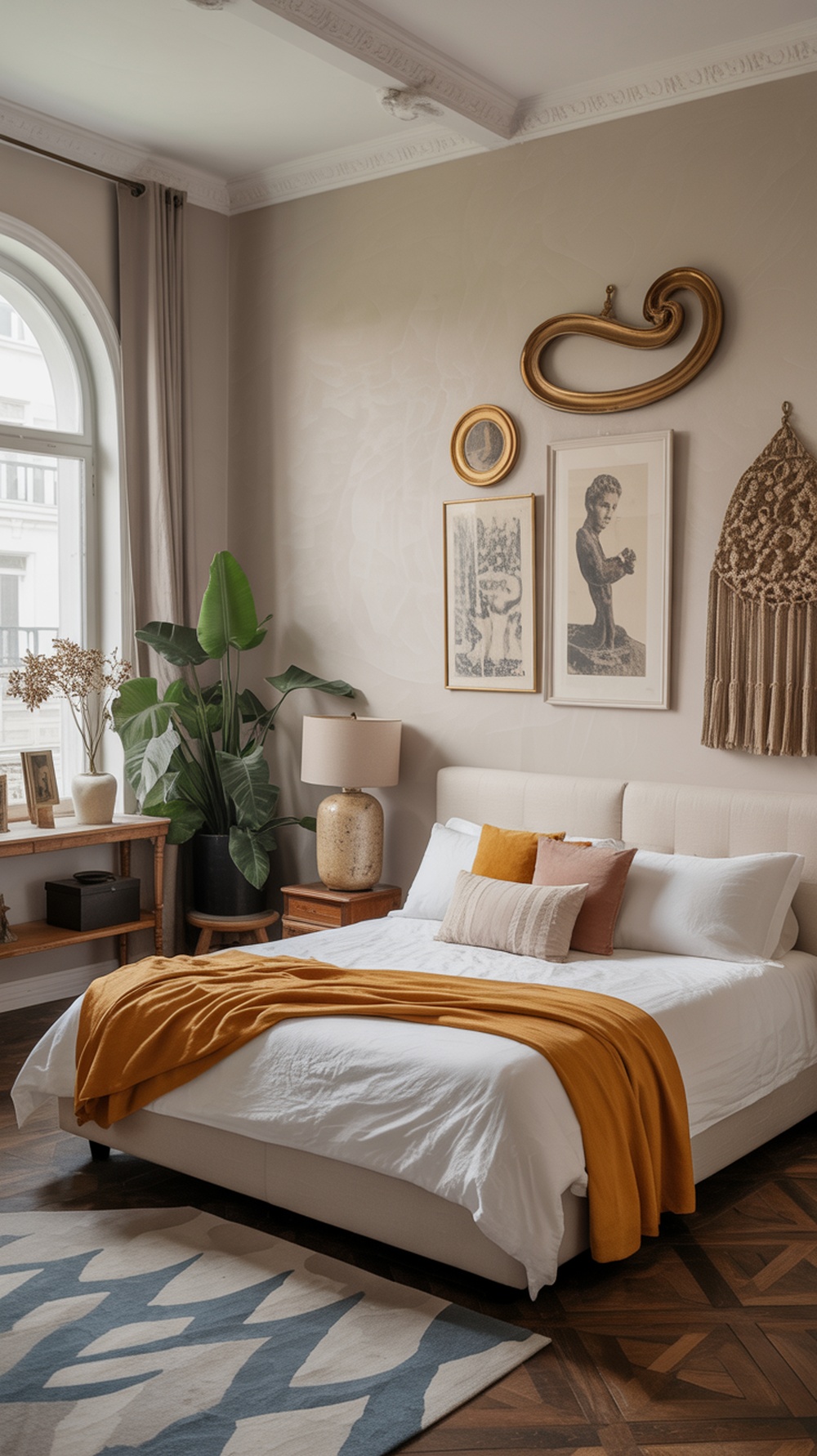 A modern vintage bedroom featuring a cozy bed with a mustard blanket, decorative pillows, vintage art on the walls, and plants.