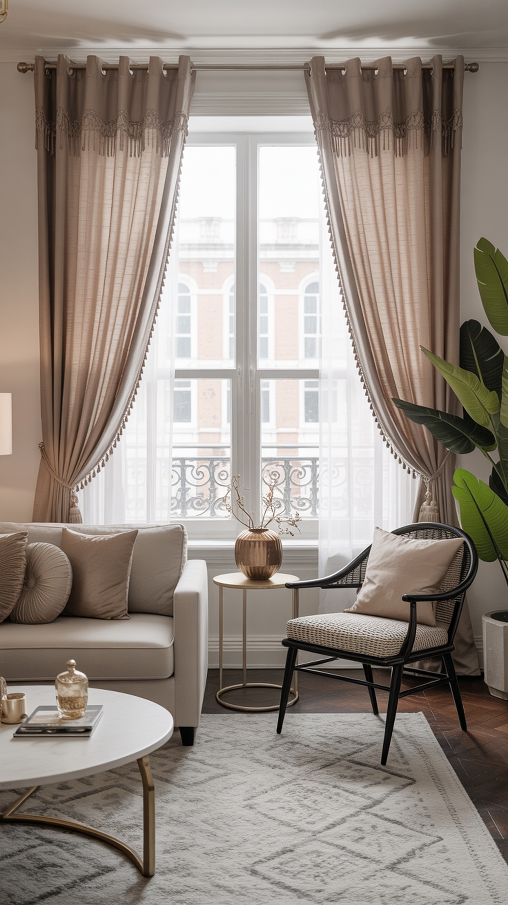 Living room with beige curtains featuring metallic accents, a light-colored sofa, and a stylish chair.