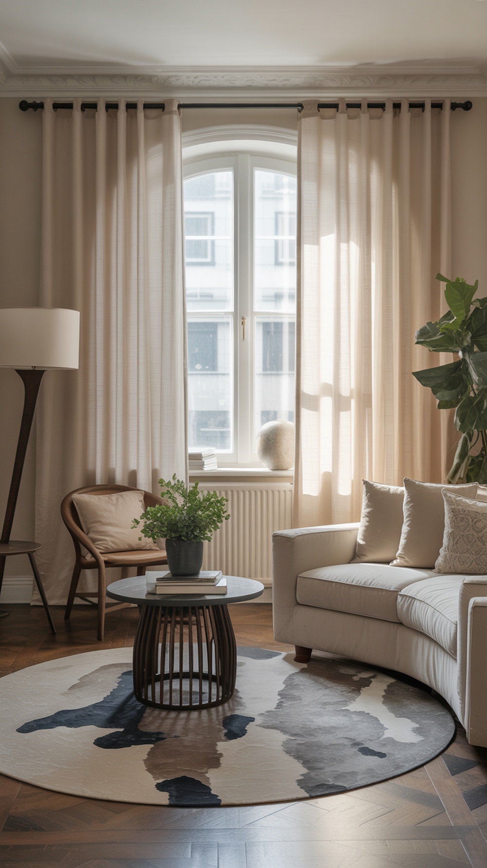 A cozy living room with light, airy custom-made curtains, a comfortable sofa, and a stylish rug.