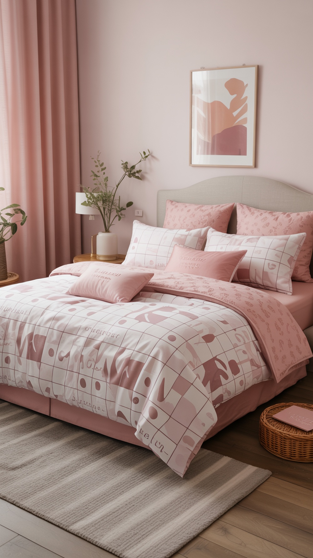 A feminine bedroom featuring customized bedding sets in soft pink tones with playful patterns and layered pillows.