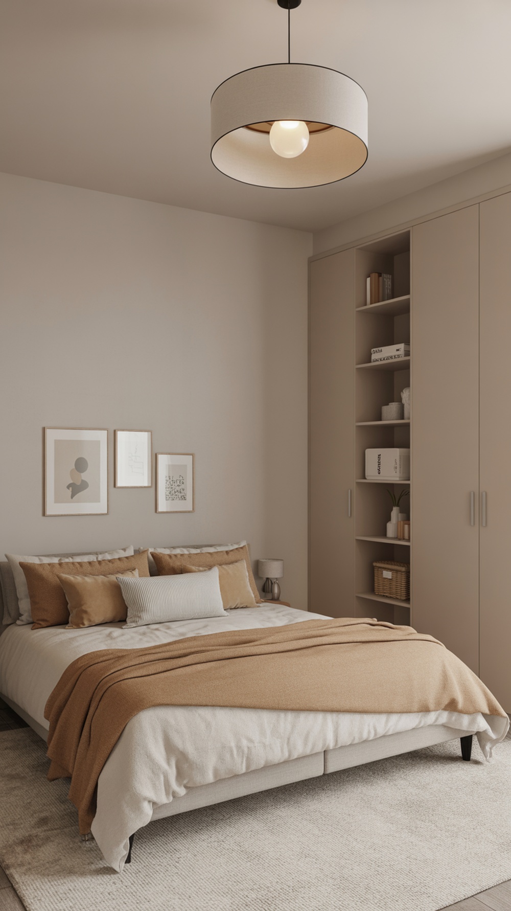 A minimalist bedroom featuring a neatly made bed with neutral-toned bedding, simple wall art, and organized storage.