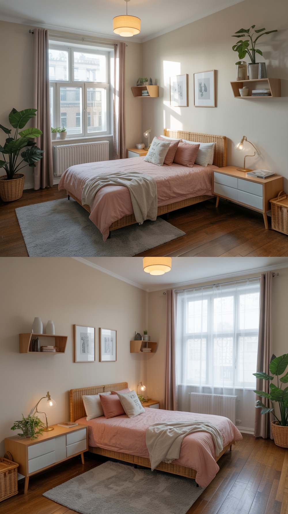 A small, well-decorated bedroom with a bed, plants, and natural light.
