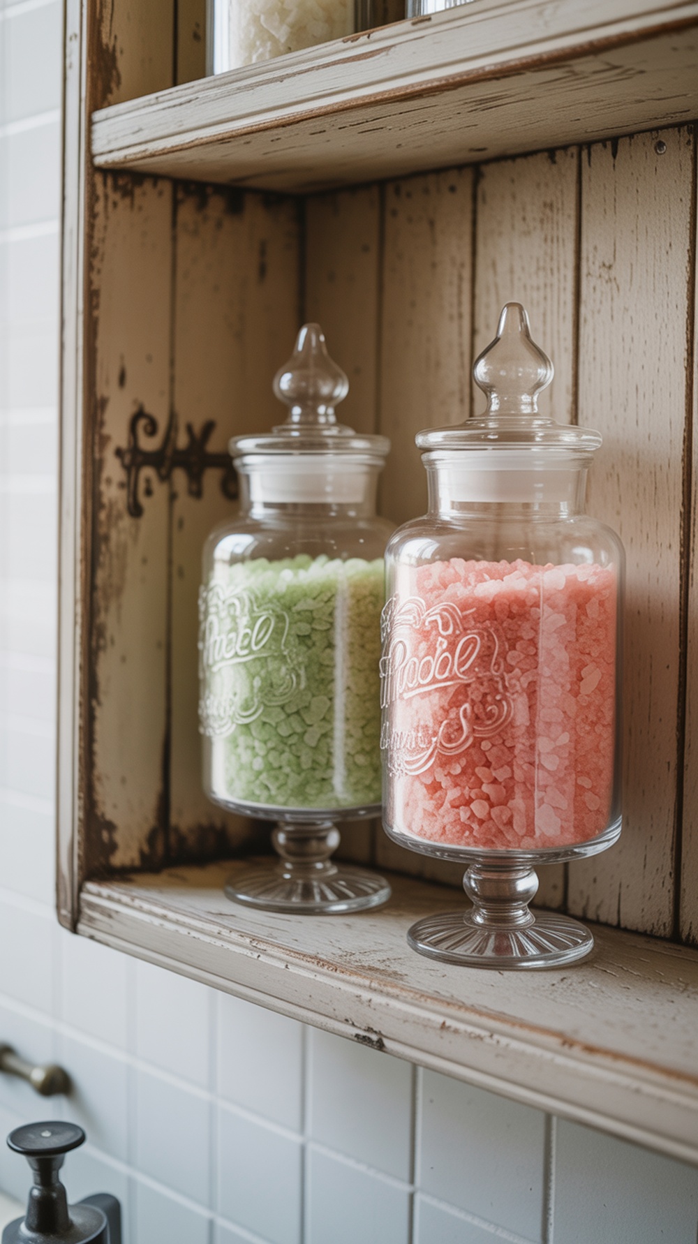 Two decorative apothecary jars filled with colored bath salts on a wooden shelf.