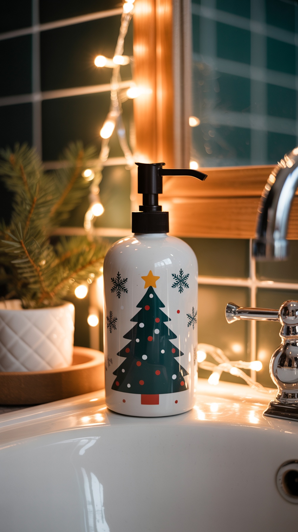 A decorative soap dispenser with a Christmas tree design next to a sink, surrounded by fairy lights.