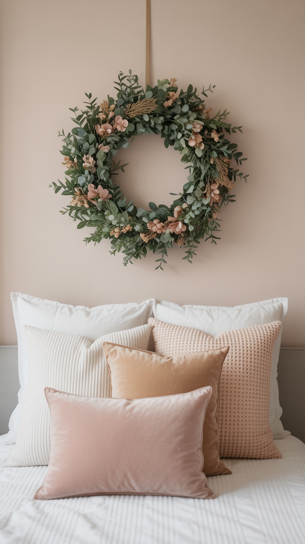 A decorative wreath with greenery and flowers hanging on a pink wall above a bed with soft pillows.