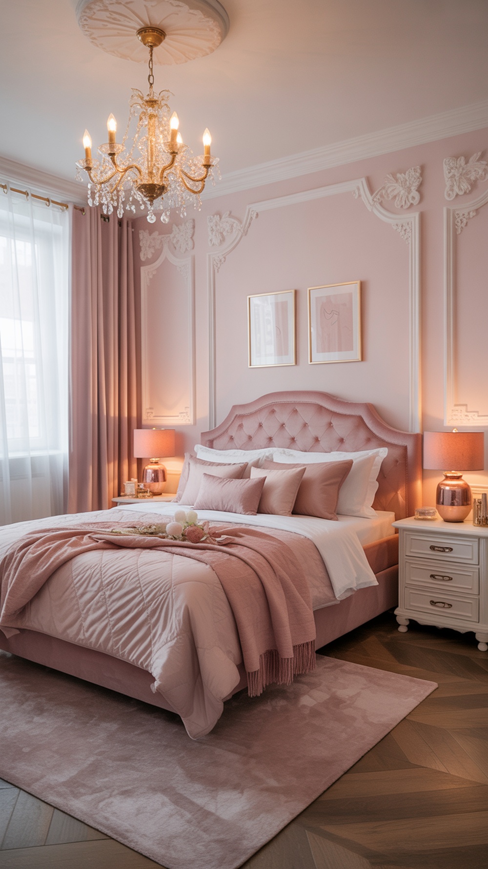 A feminine bedroom featuring a chandelier, soft pink walls, and cozy bedding.