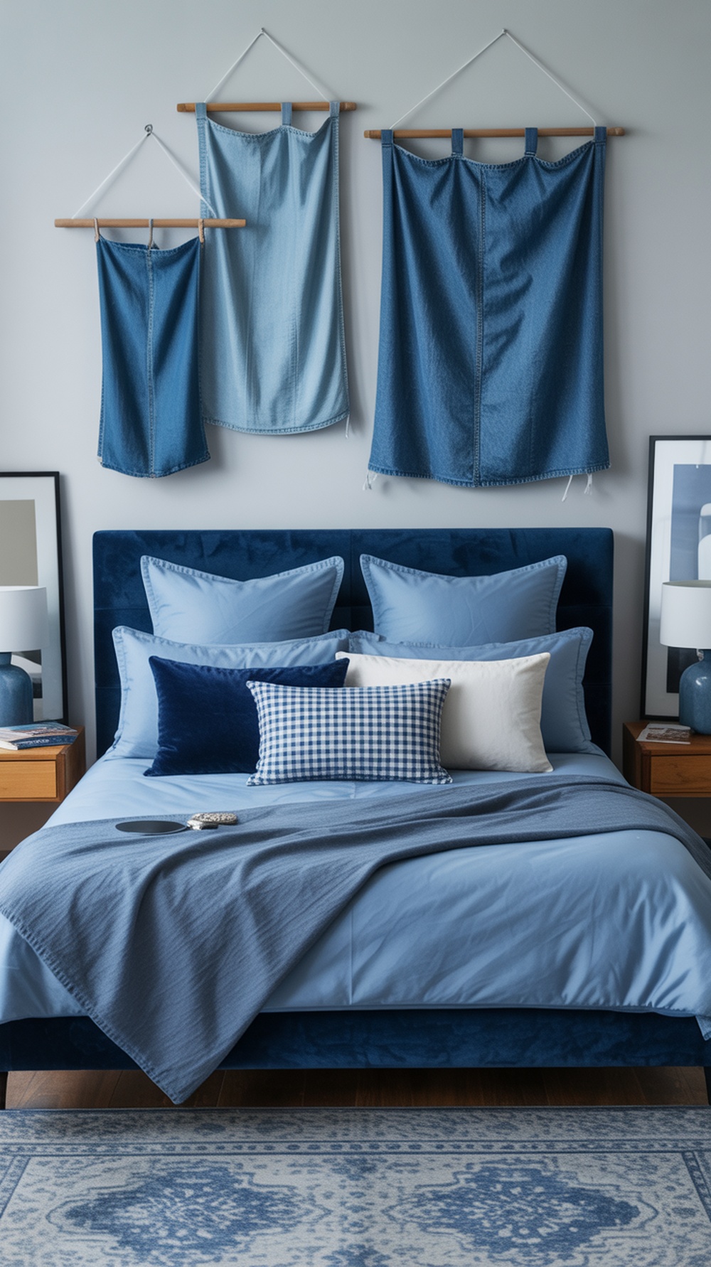 A cozy blue bedroom featuring denim-inspired textiles, including wall art and bedding in various shades of blue.