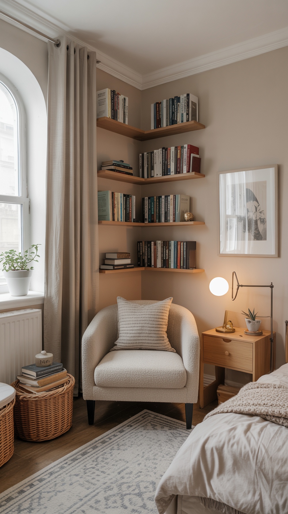 A cozy reading nook with a chair, bookshelves, and warm lighting in a small bedroom.