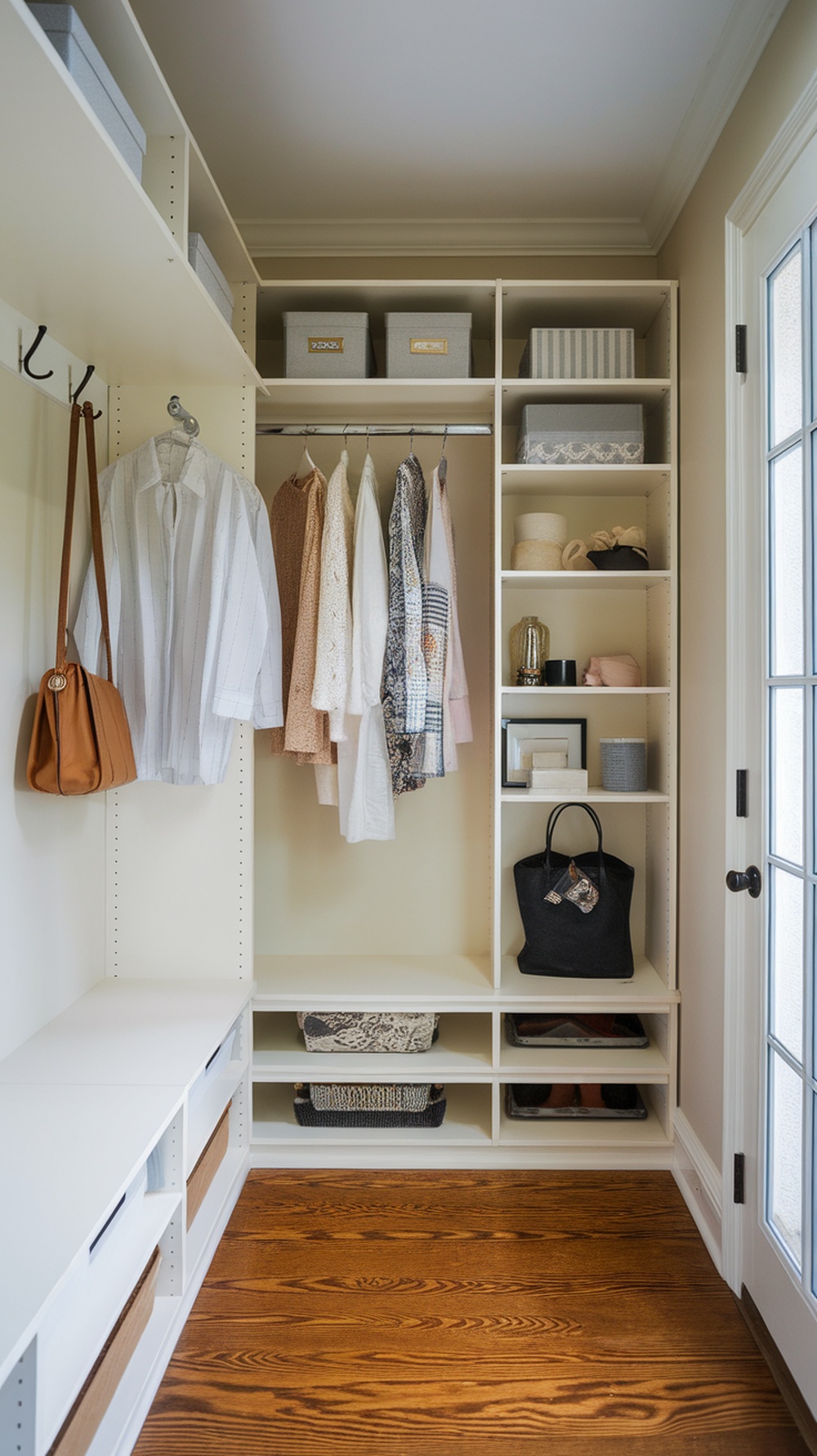Organized small walk-in closet with shelves, hanging clothes, and storage boxes.