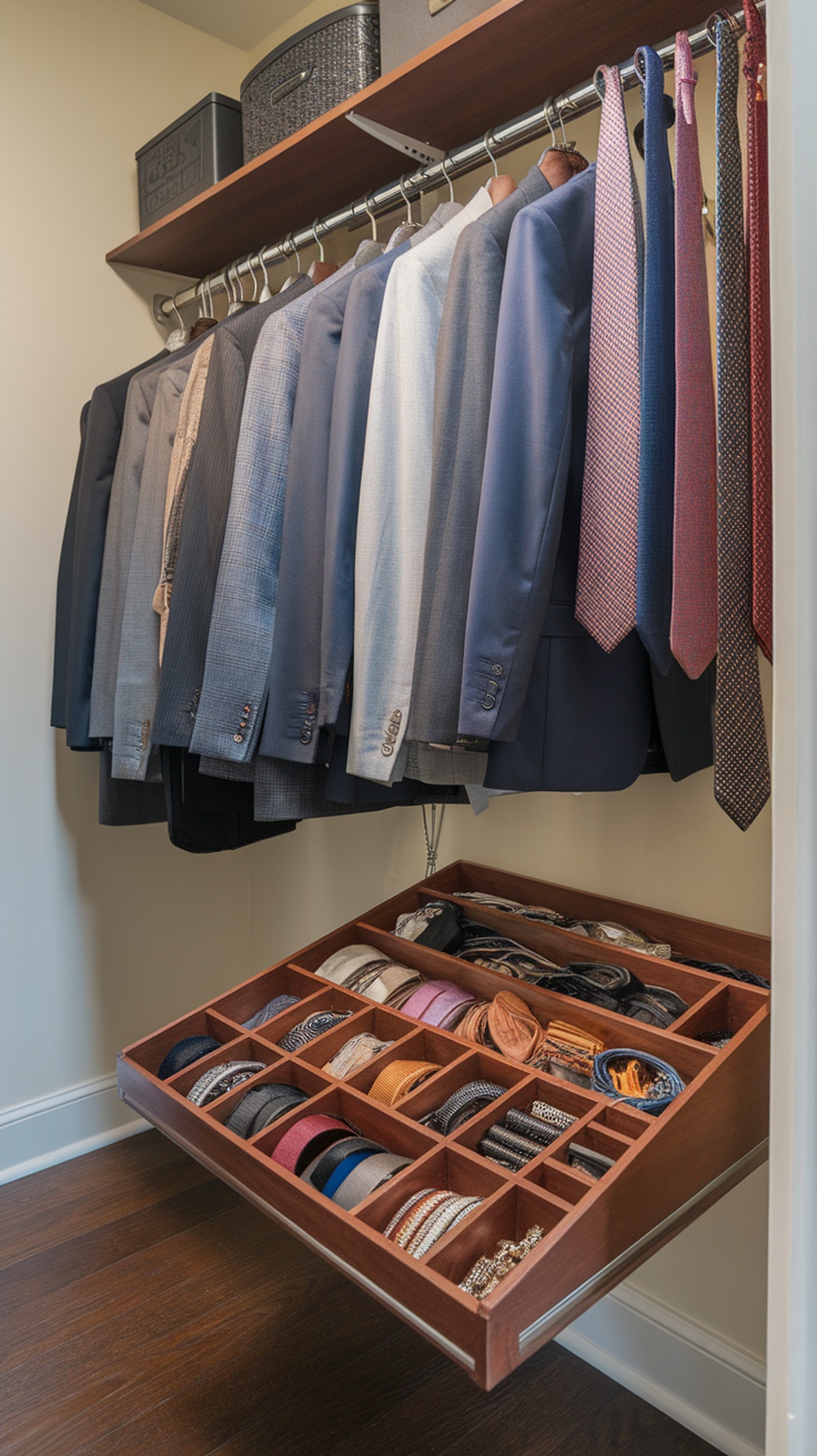 A small walk-in closet featuring neatly hung suits and a drawer with organized accessories like ties and belts.