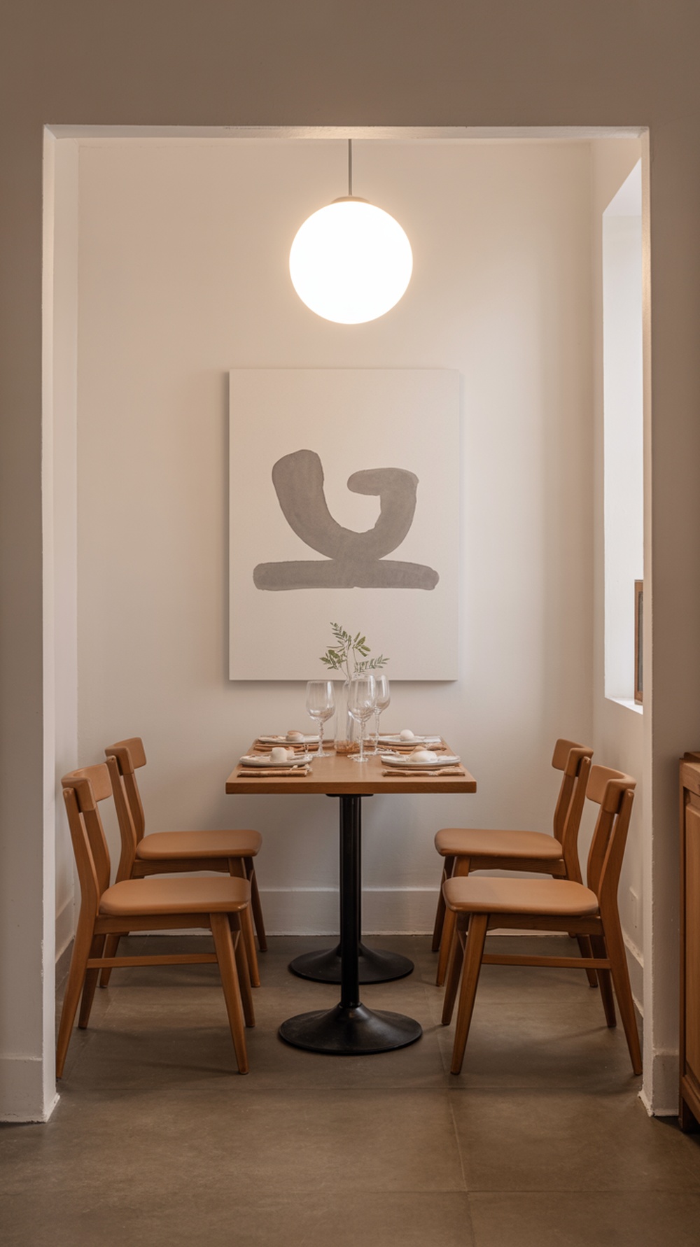 A small dining room featuring a round table with wooden chairs, a pendant light, and a piece of abstract art on the wall.
