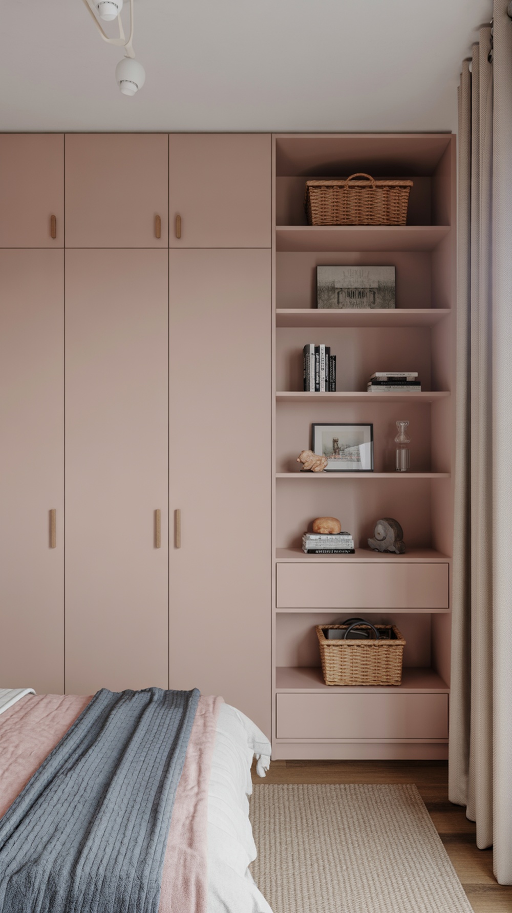 A small bedroom featuring built-in furniture with a soft pink color scheme.