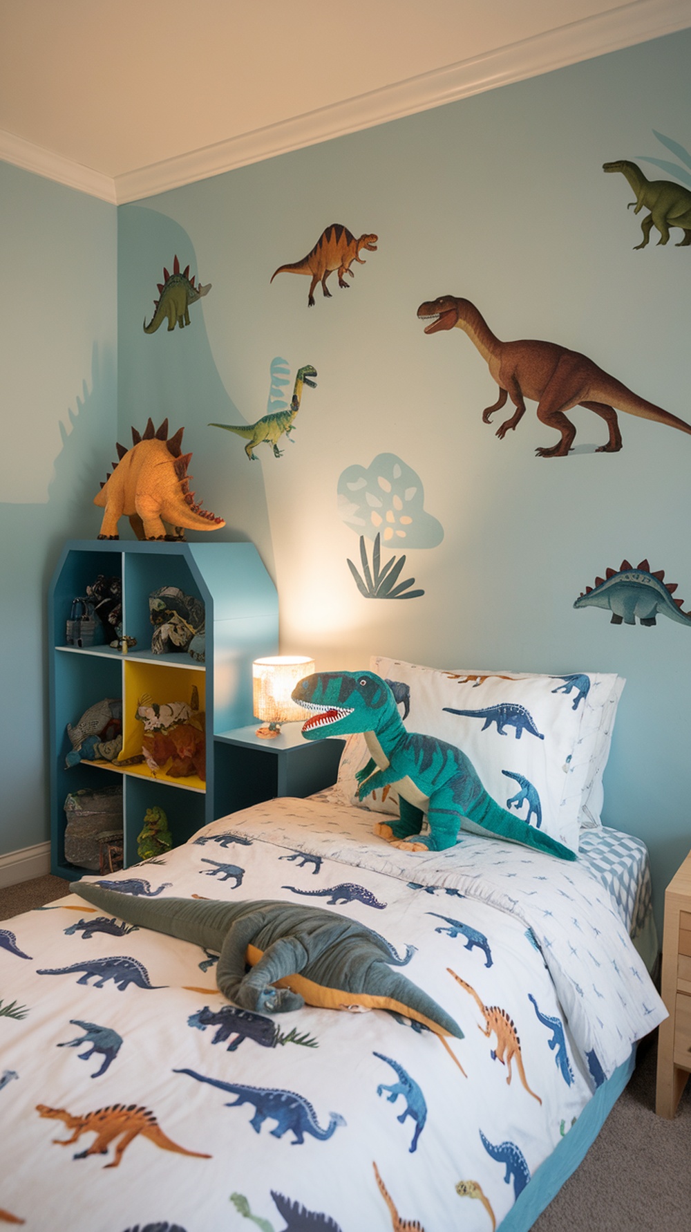A small kids bedroom decorated with dinosaur themes, featuring dinosaur wall decals, themed bedding, and plush toys.