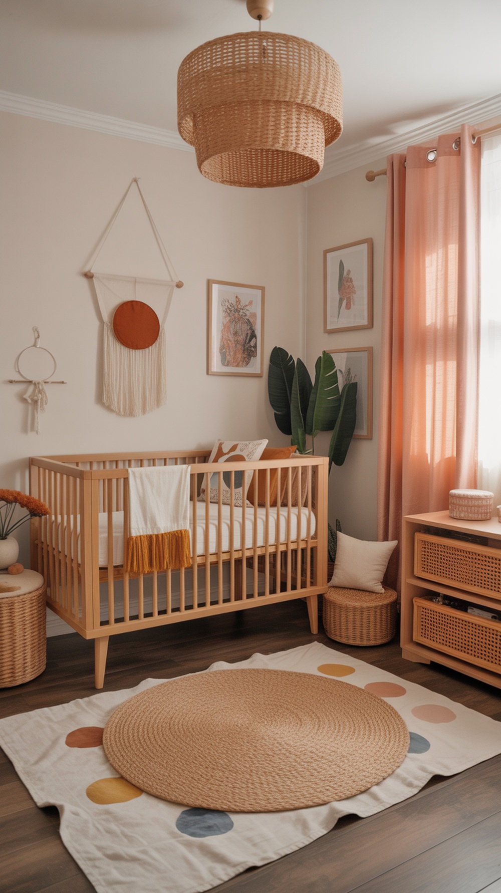 A boho gender neutral nursery featuring a wooden crib, woven light fixture, and colorful decor.