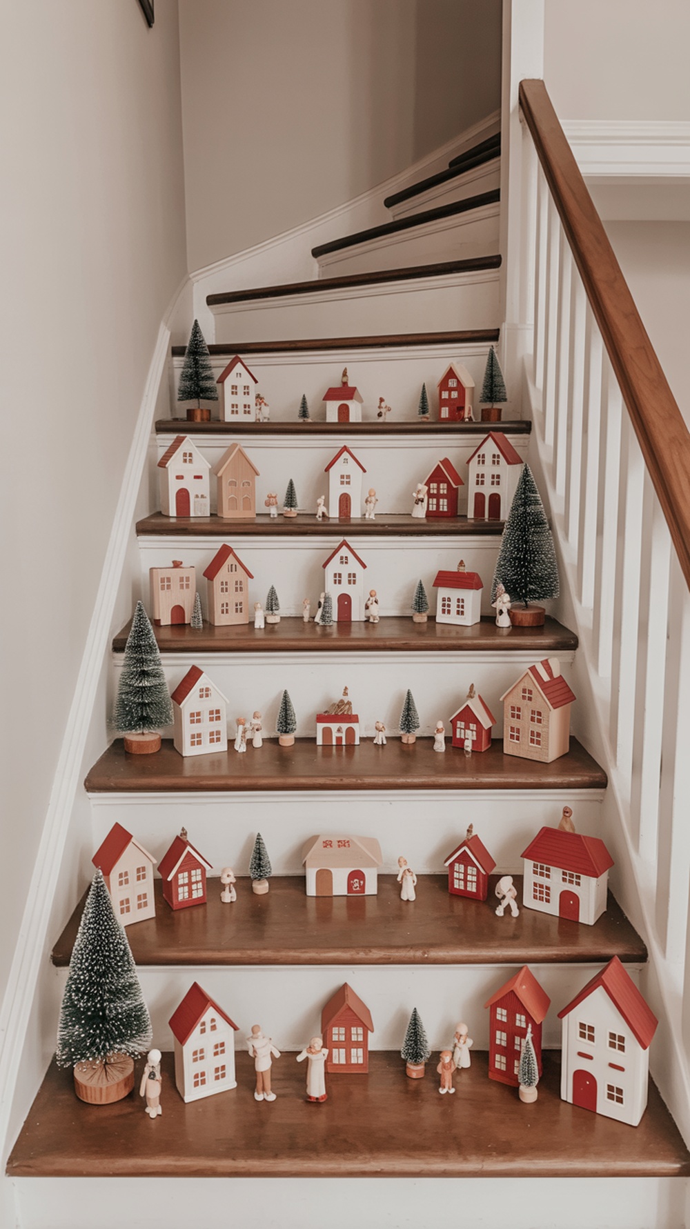 A staircase decorated with a DIY Christmas village display featuring wooden houses, figurines, and miniature trees.