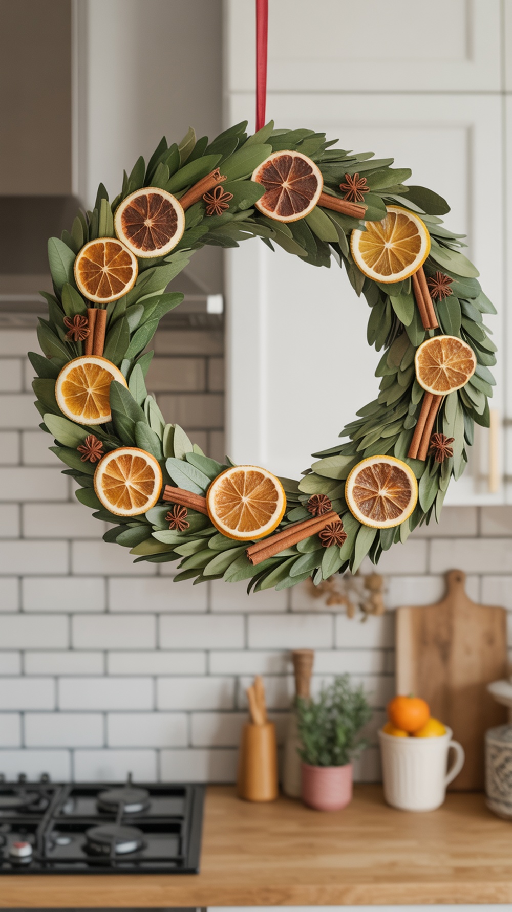 A DIY dried citrus wreath with orange slices, cinnamon sticks, and green leaves, hanging in a kitchen.