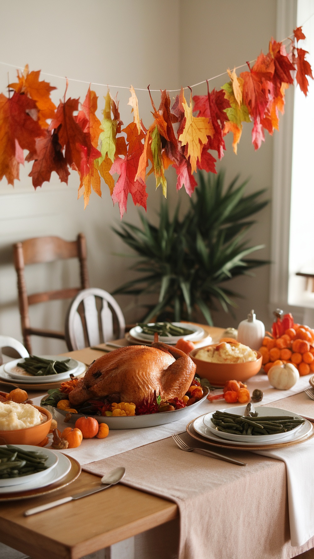 A colorful DIY leaf garland made from autumn leaves hanging above a Thanksgiving table.