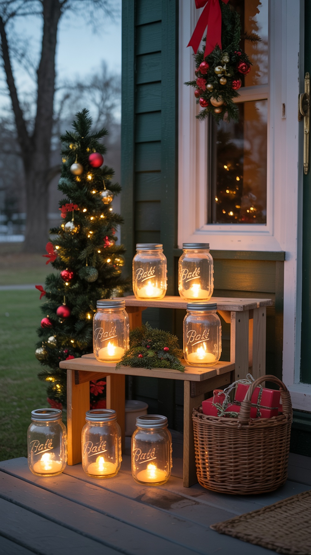 A cozy display of DIY mason jar lanterns on a wooden stand, surrounded by Christmas decorations.