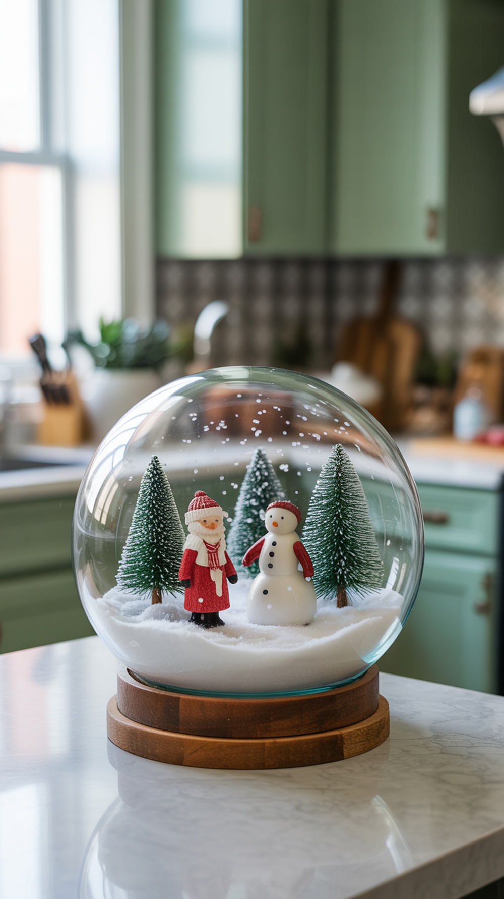 A DIY snow globe centerpiece featuring Santa and a snowman with miniature trees inside a glass dome.
