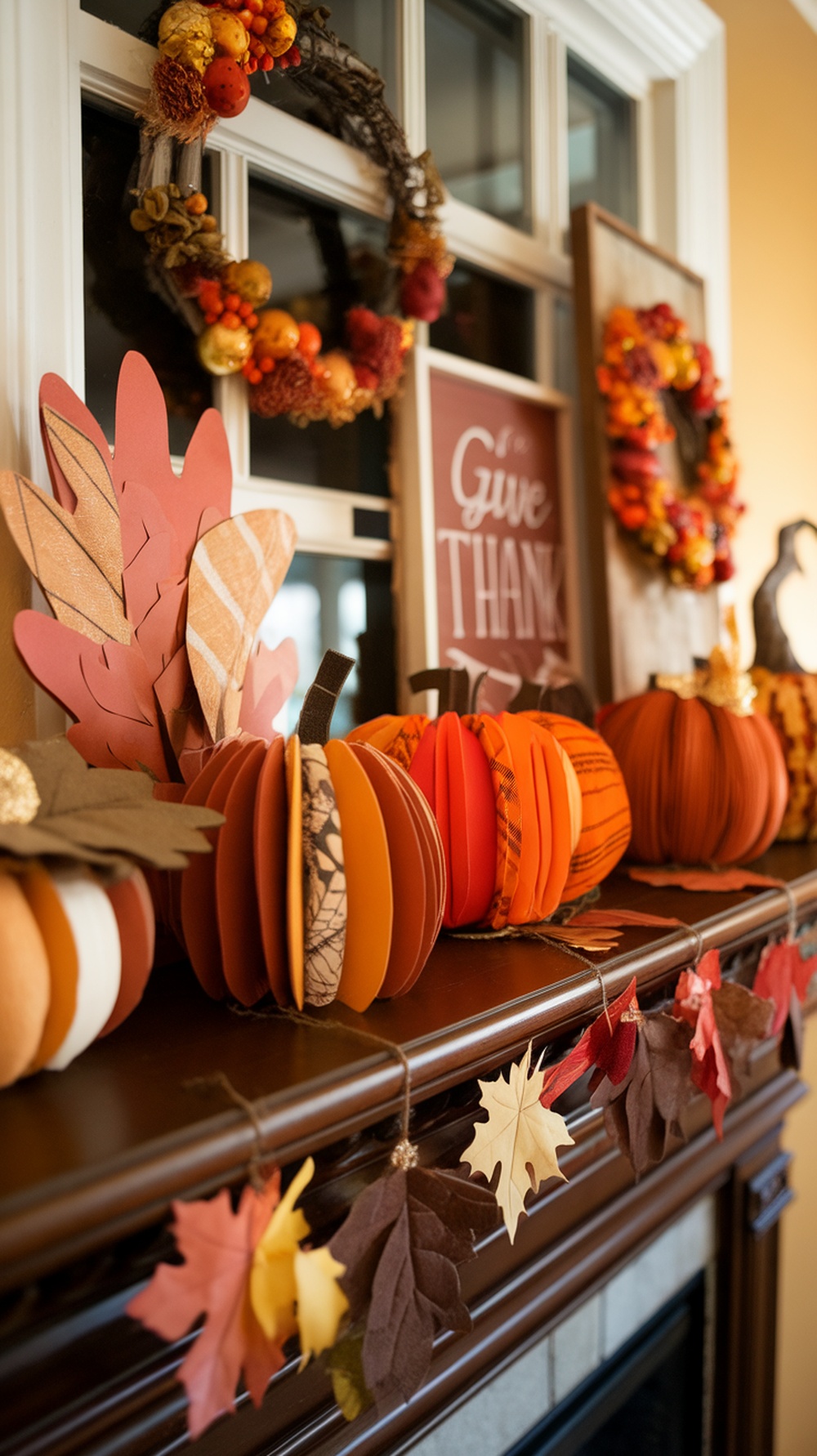 A beautifully decorated Thanksgiving mantel featuring paper pumpkins, leaf garlands, and wreaths.