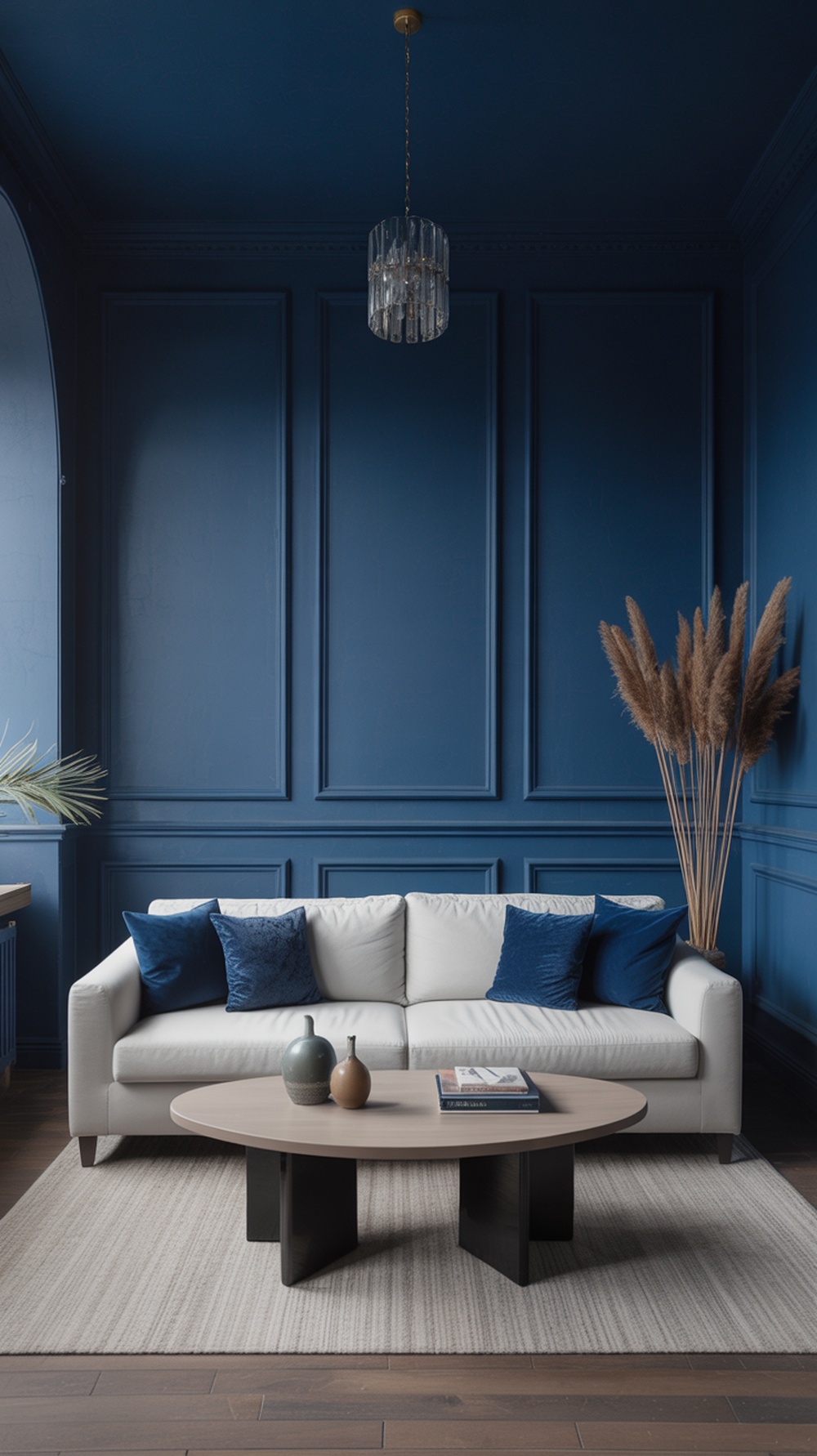 A living room with dark blue walls, a white sofa with blue cushions, a round coffee table, and pampas grass decor.
