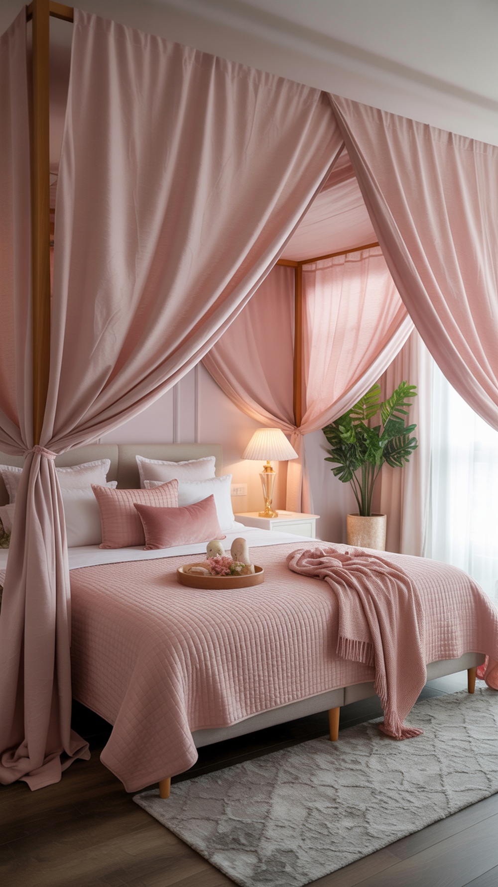 A feminine bedroom featuring soft pink canopy drapes, a cozy bed with decorative pillows, and a warm lamp beside a potted plant.