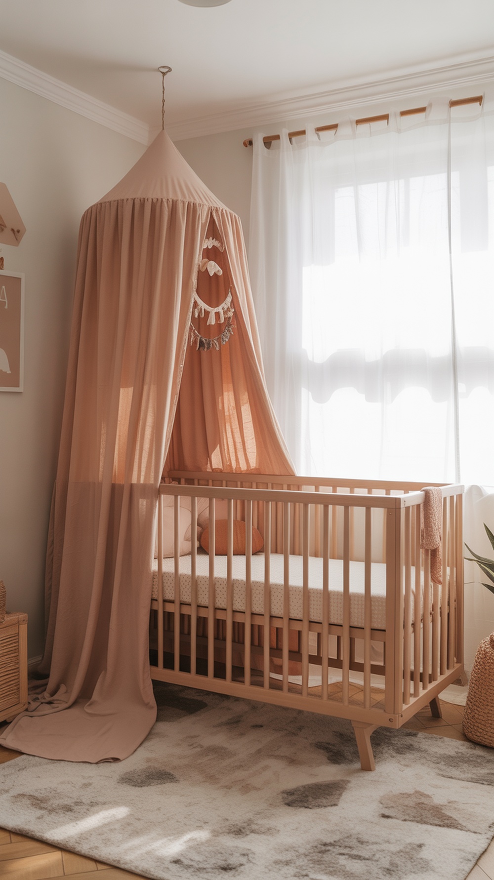 A cozy nursery featuring a peach canopy over a crib, with light curtains and a soft rug.