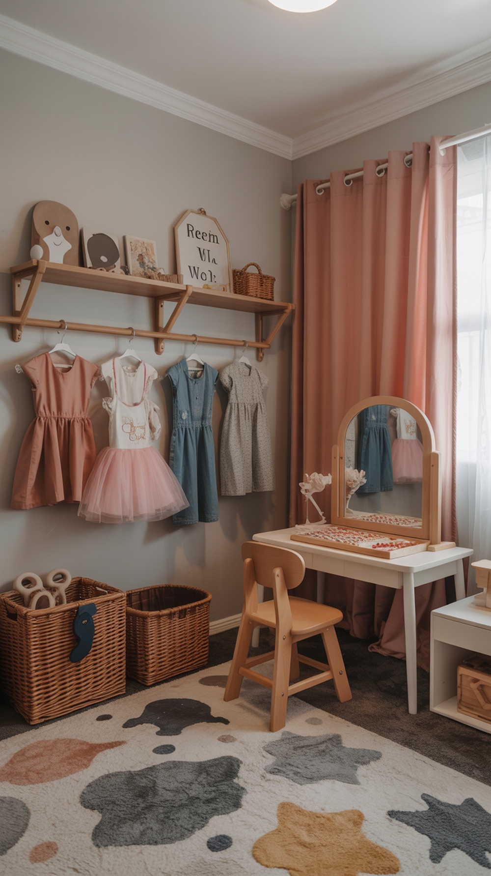 A cozy kids playroom featuring a dress-up area with costumes on display and a small table with a mirror.