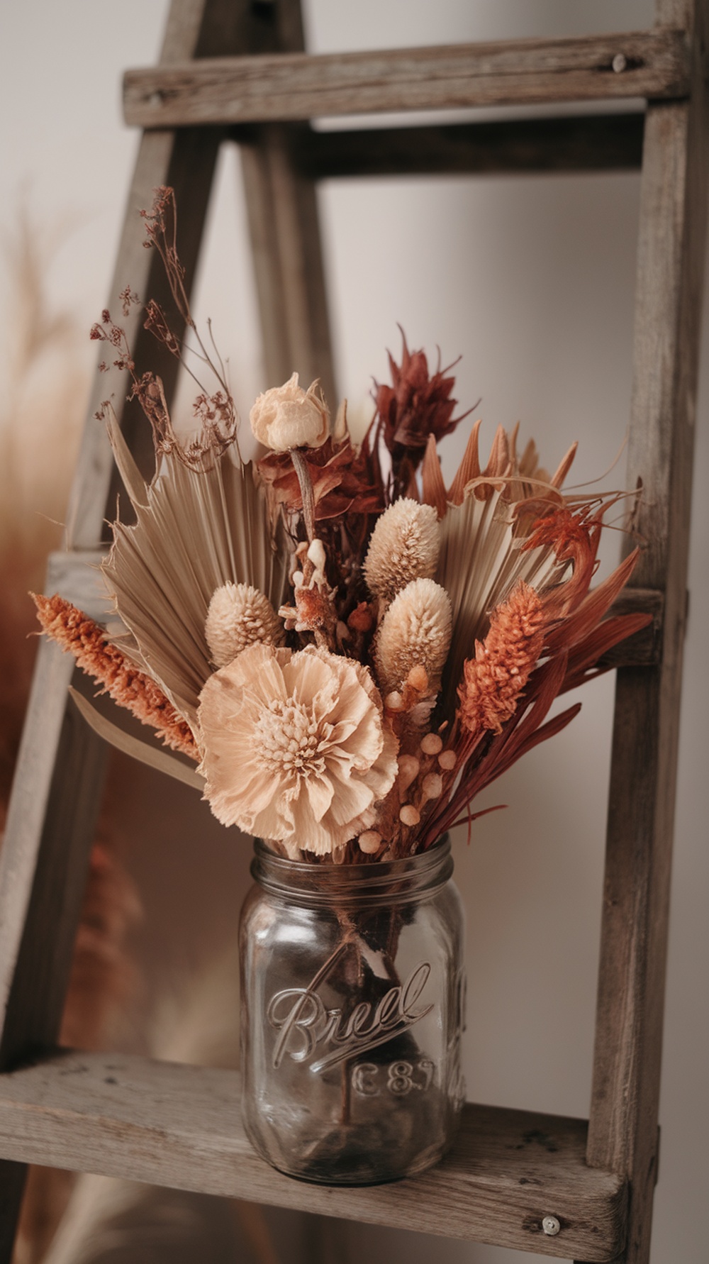 A dried flower arrangement in a mason jar, featuring warm earthy tones and various textures, displayed on a wooden ladder.