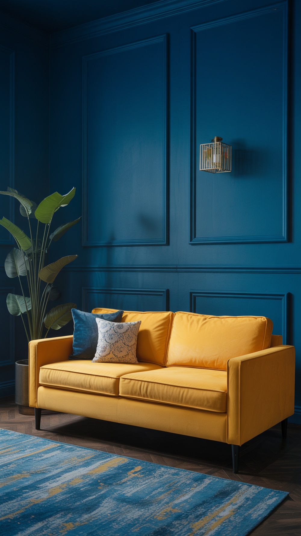 A living room featuring dark blue walls and a bright yellow sofa, complemented by blue cushions and a patterned rug.