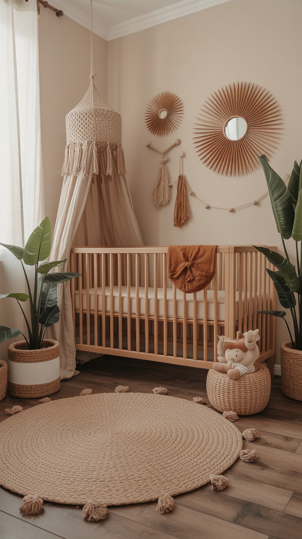 A boho gender neutral nursery featuring earthy tones, a wooden crib, potted plants, and a round jute rug.