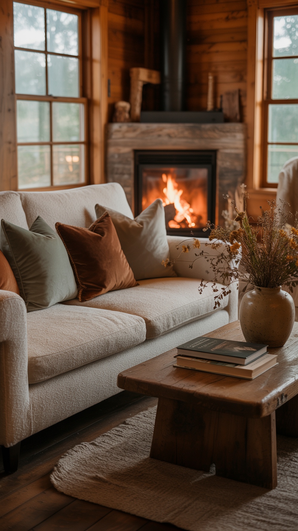 Cozy cabin living room with earthy color palette, featuring soft greens, browns, and natural textures.