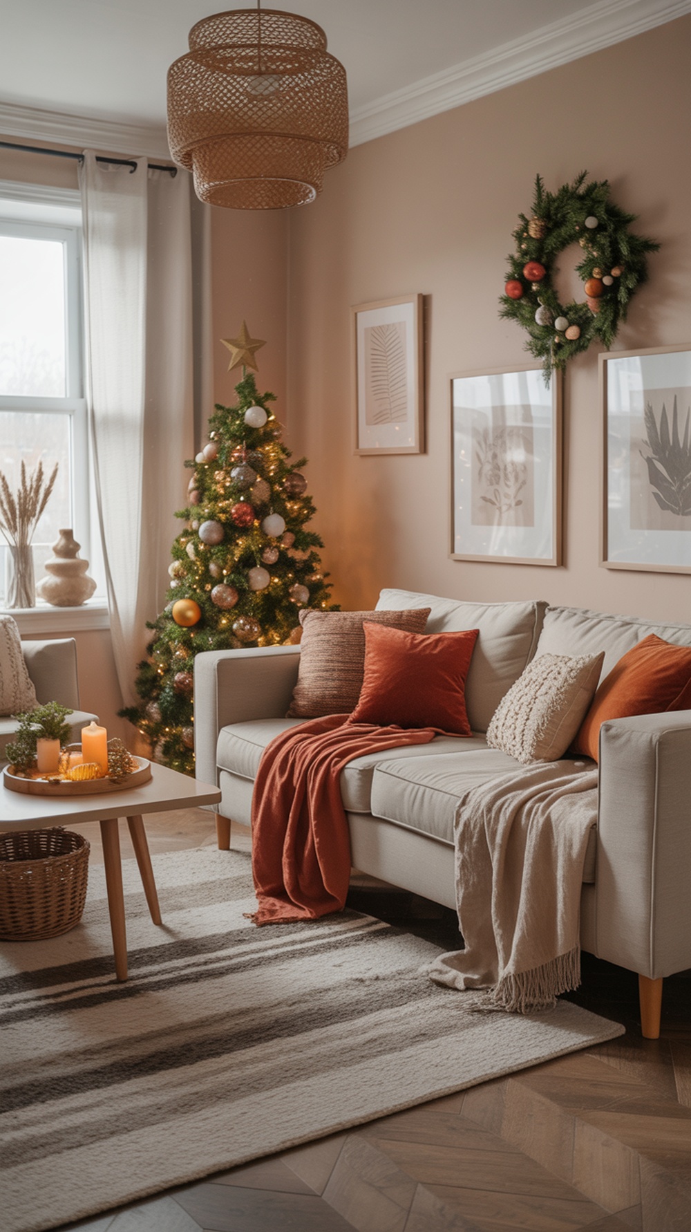 Cozy living room with boho Christmas decor featuring earthy colors and warm hues.