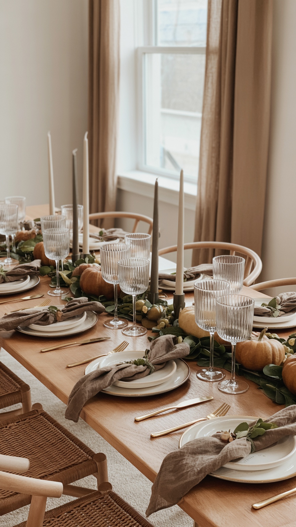 A Thanksgiving table setting featuring earthy tones, wooden table, white plates, rustic napkins, pumpkins, greenery, and tall candles.