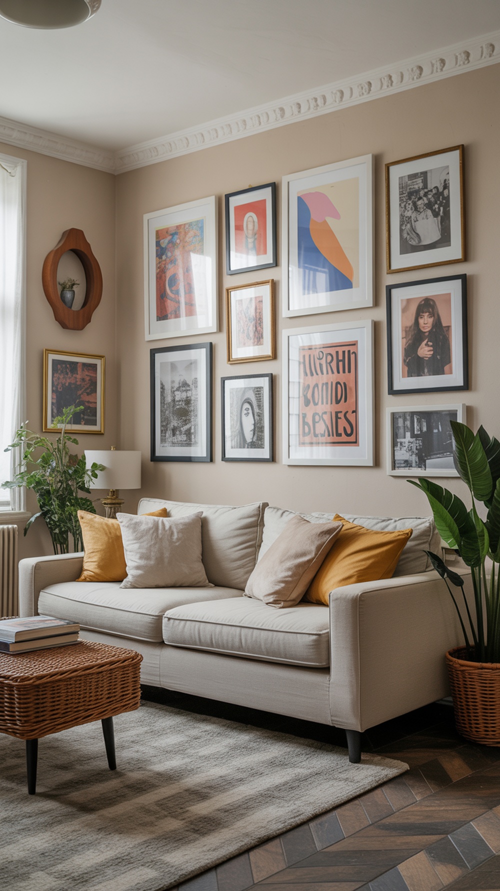 A colorful living room with a gallery wall of eclectic art displays.