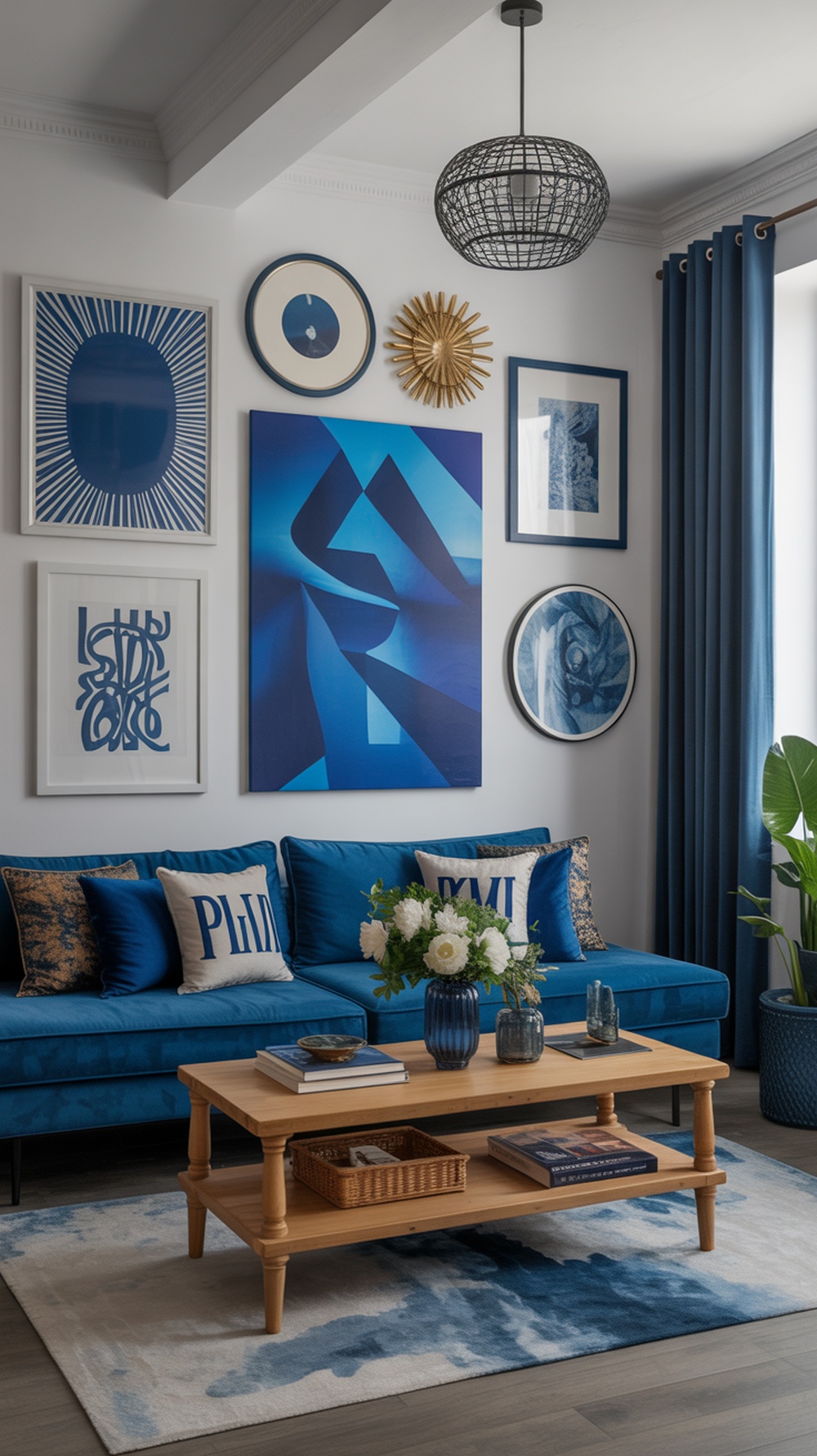 A blue living room featuring eclectic art displays on the wall, a blue couch, and a wooden coffee table.