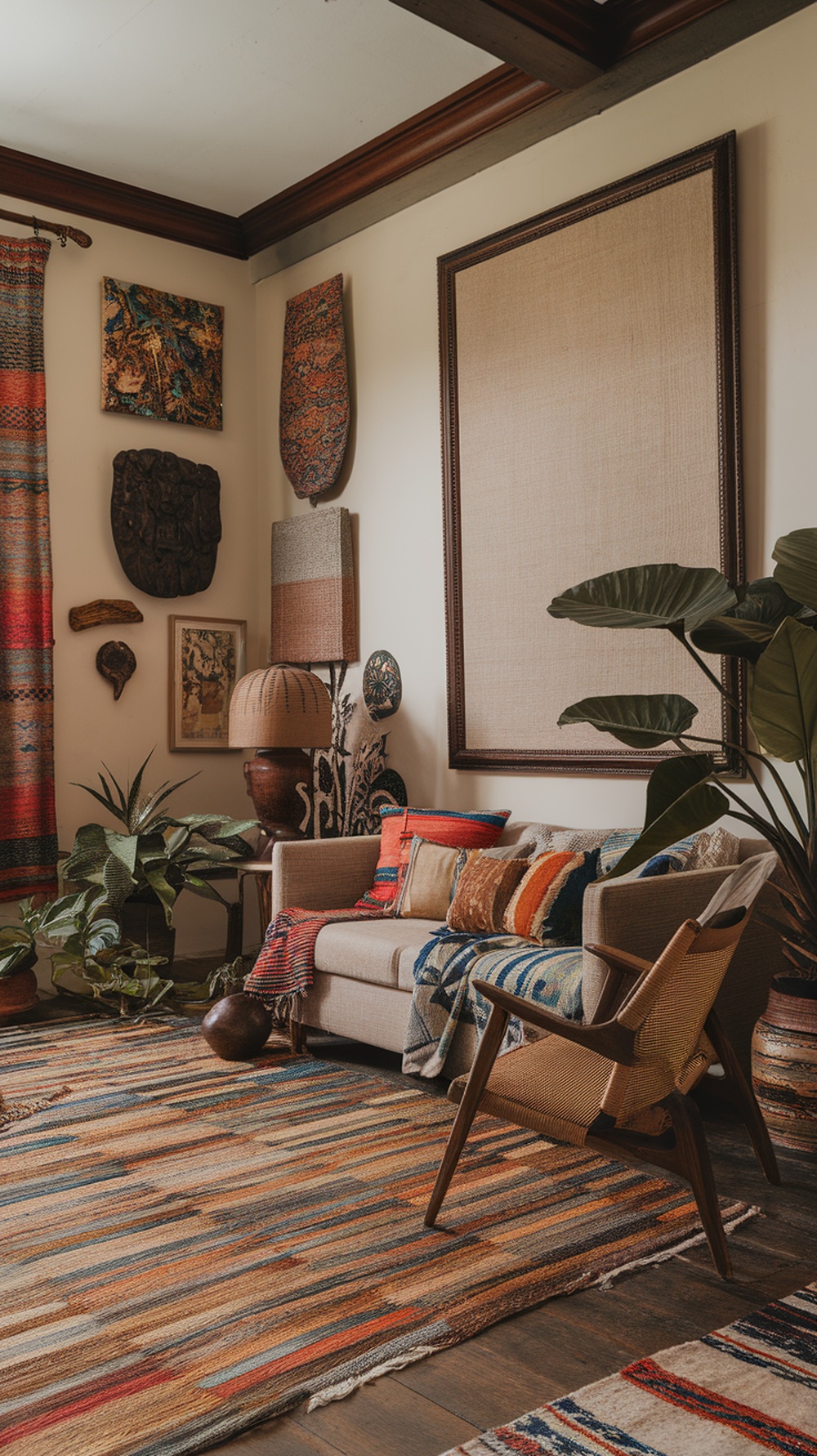 A cozy living room with eclectic bohemian decor, featuring a sofa with colorful cushions, a patterned rug, and various artworks on the walls.