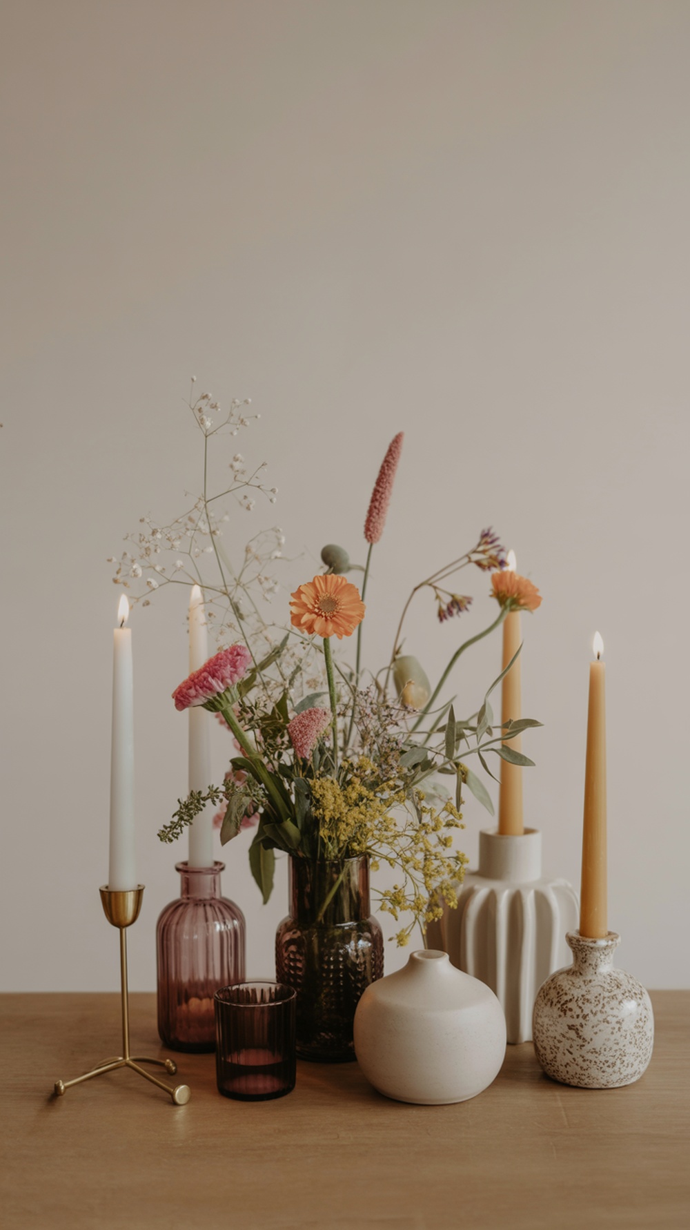 An eclectic Thanksgiving table centerpiece featuring various vases, flowers, and candles.