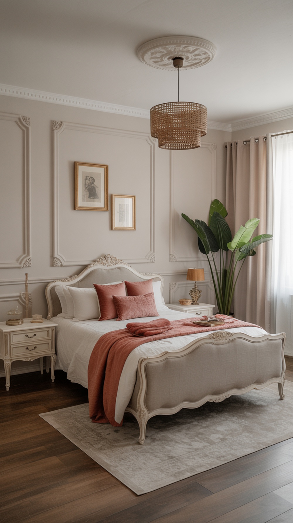 A modern vintage bedroom featuring an ornate bed frame, warm color palette, and a tall plant.