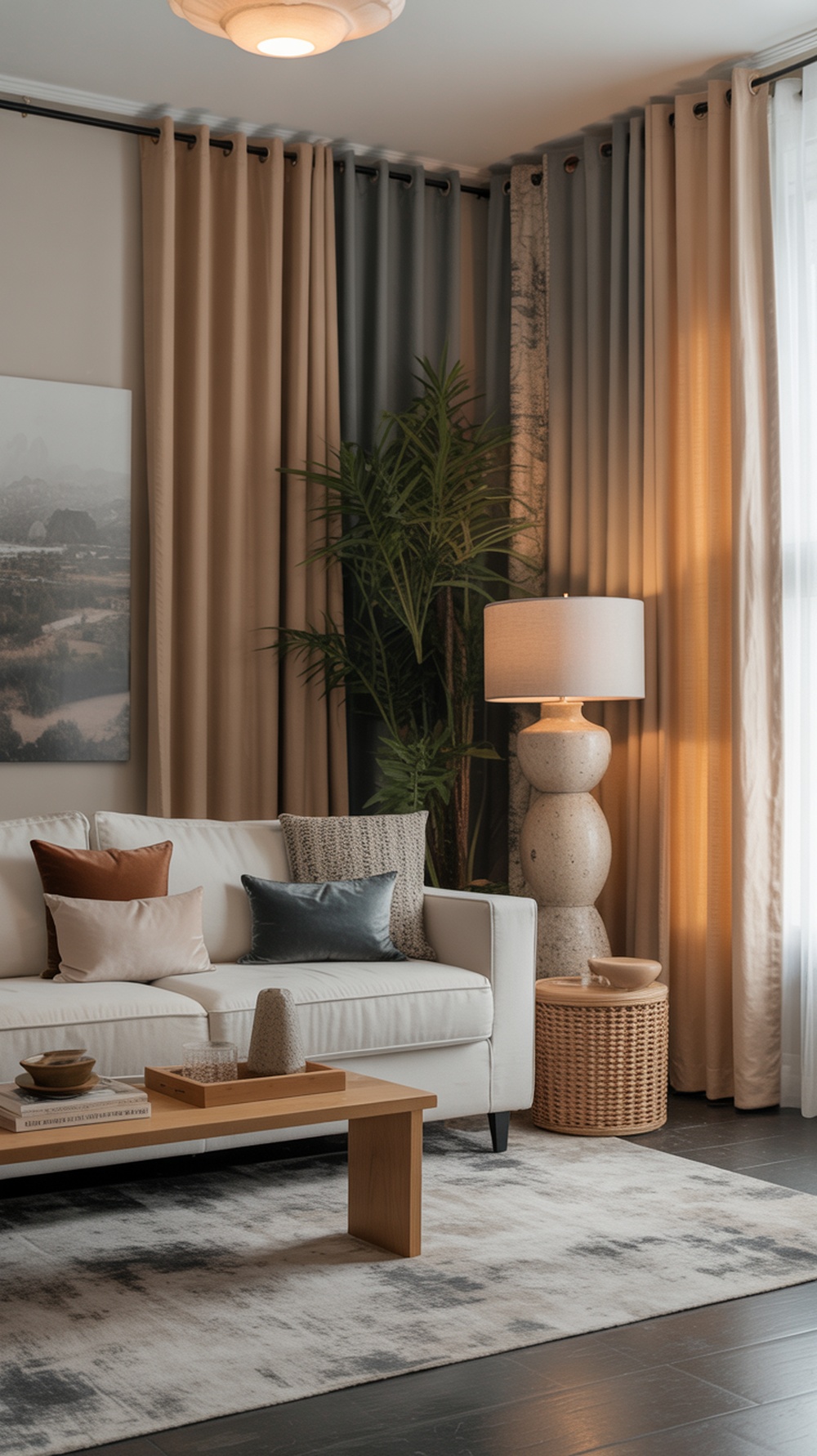 A living room featuring an eclectic mix of curtain textures and colors, with a cozy sofa and decorative elements.