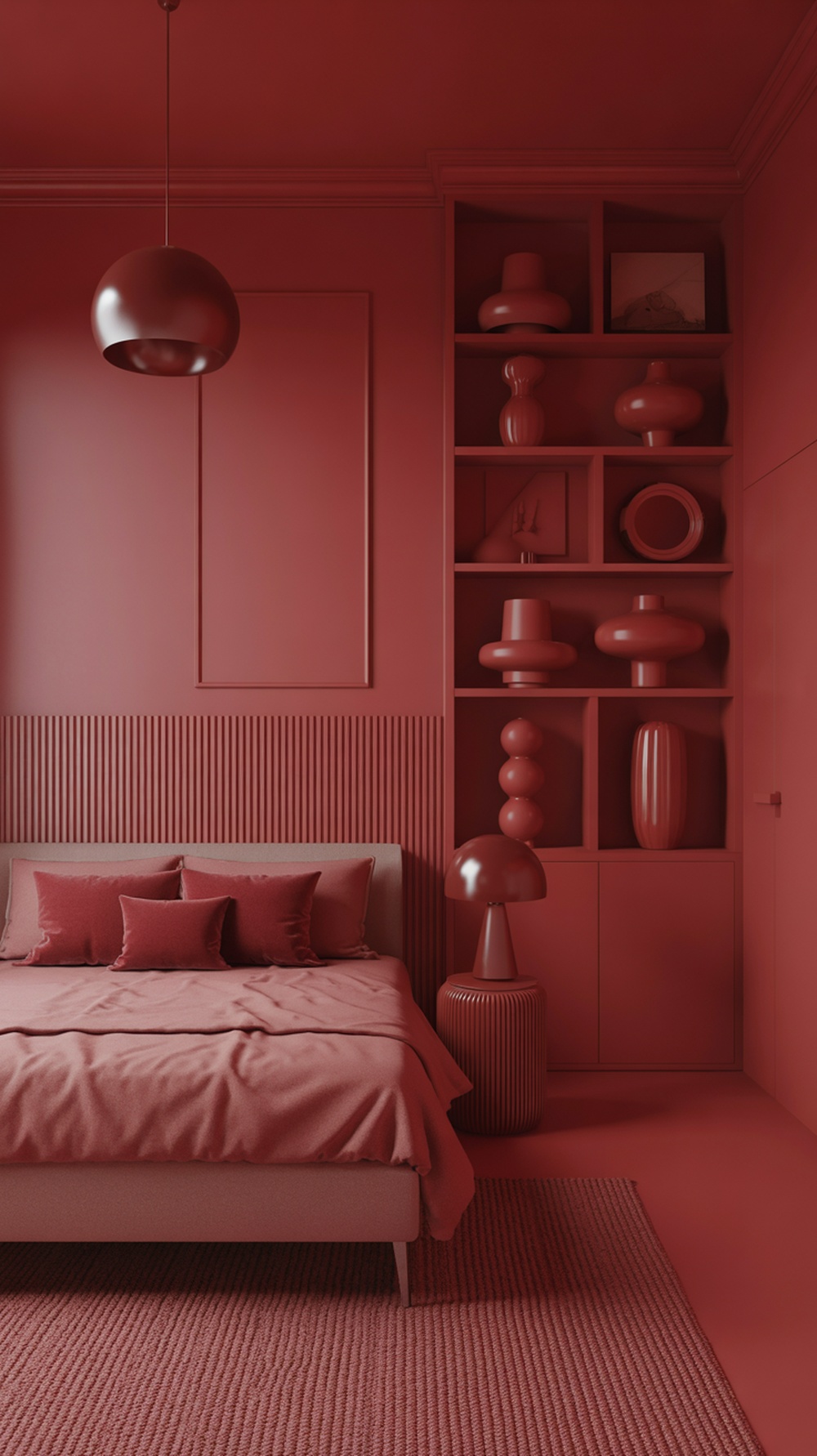 A red bedroom featuring eclectic accessories, including various red vases and decorative items on shelves, a cozy bed with plush pillows, and modern lighting.