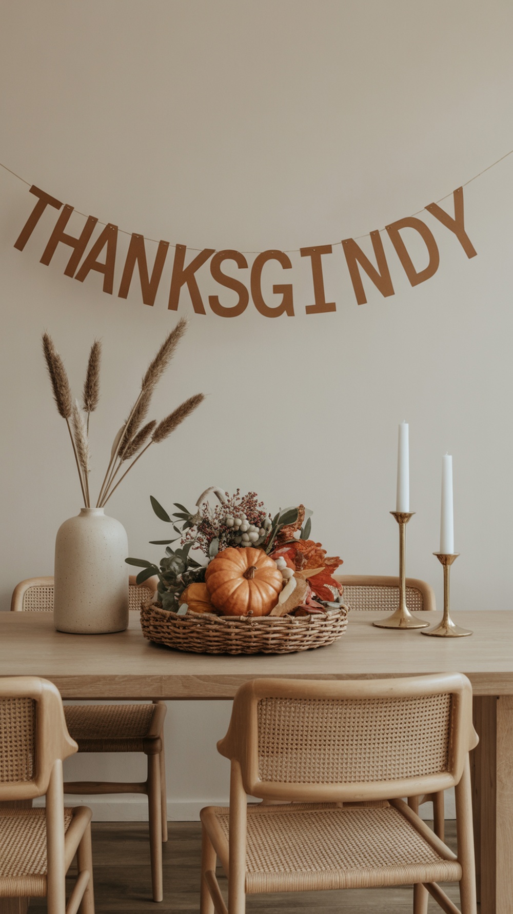 A modern Thanksgiving table decor featuring a banner, pumpkins, and natural elements.