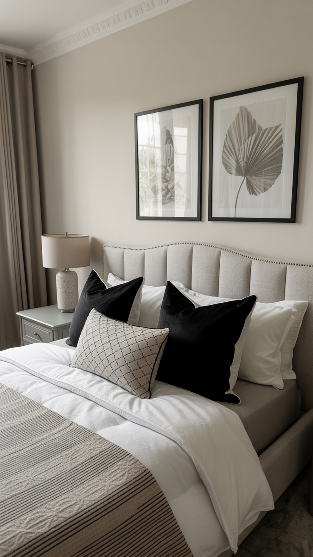 A stylish black and white bedroom featuring elegant bedding, decorative pillows, and framed artwork.