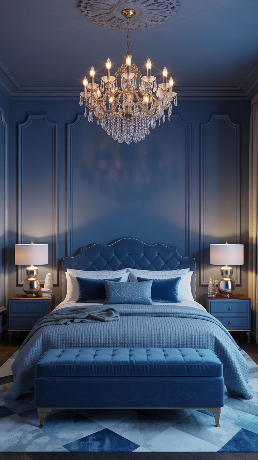 Elegant blue bedroom featuring a crystal chandelier, stylish lamps, and layered bedding.